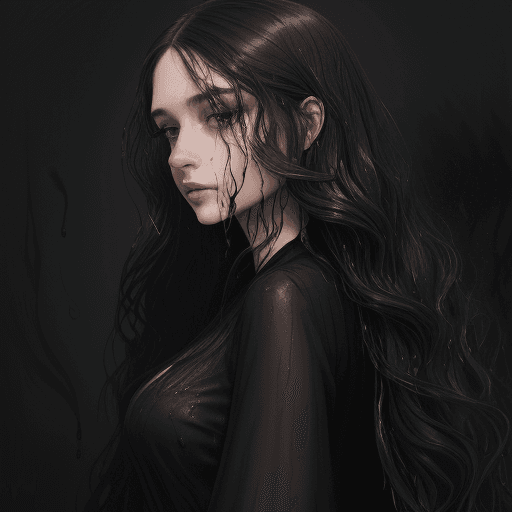 AI generated: a beautiful young woman in black with long hair, in the style of textural layers, reefwave, light br...