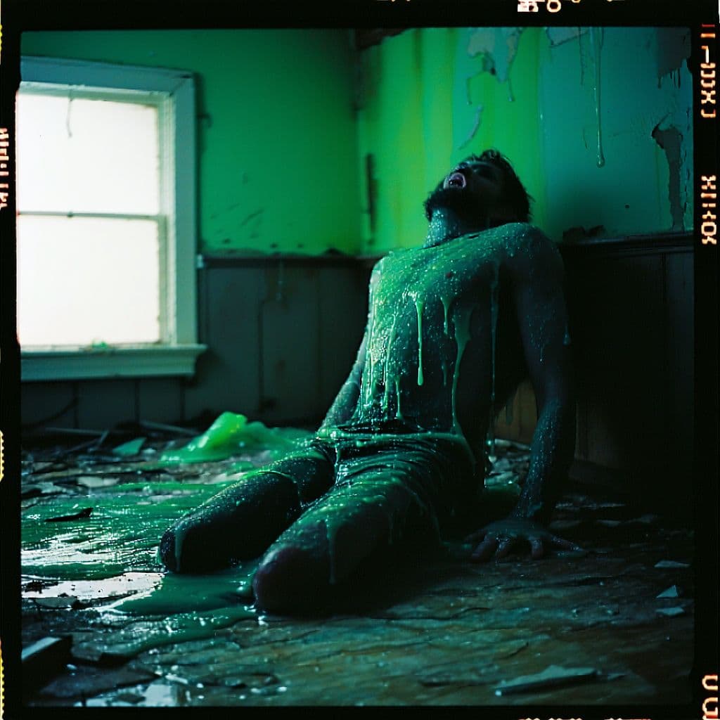 AI generated: grainy 80's photograph quality polaroid of king slime suicide caught in an abandoned house, dark