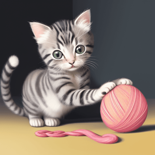 AI generated: Illustration of a cat, wide-eyed kitten playing with a ball of yarn.