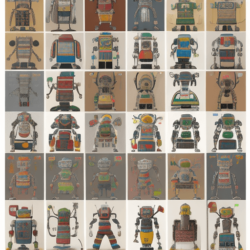 AI generated: High resolution 2D Ndebele print with robots wearing aprons cleaning and doing house chores 