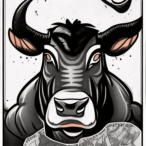 AI generated: Graphic of a young naughty bull, single tone, comic book, illustration, tattoo style