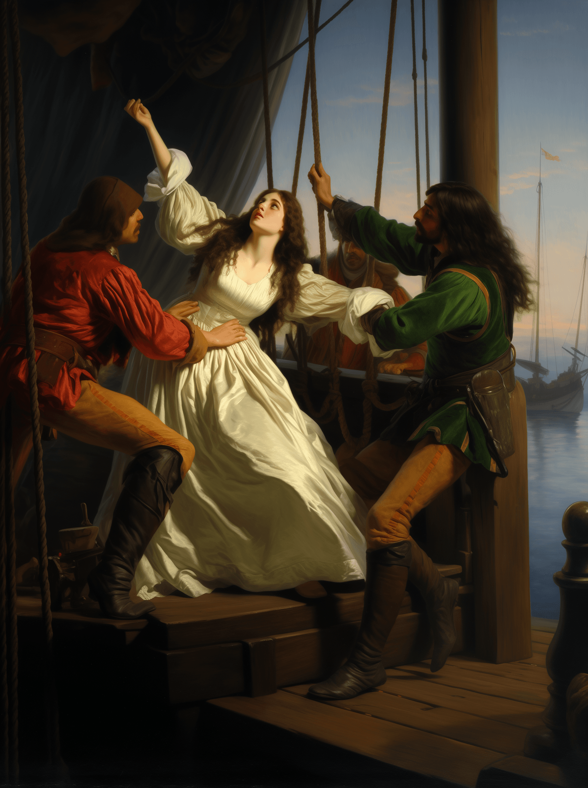 AI generated: Oil painting in the style of jean leon gerome, richard car fibers newsonly in a white silk dress wit...