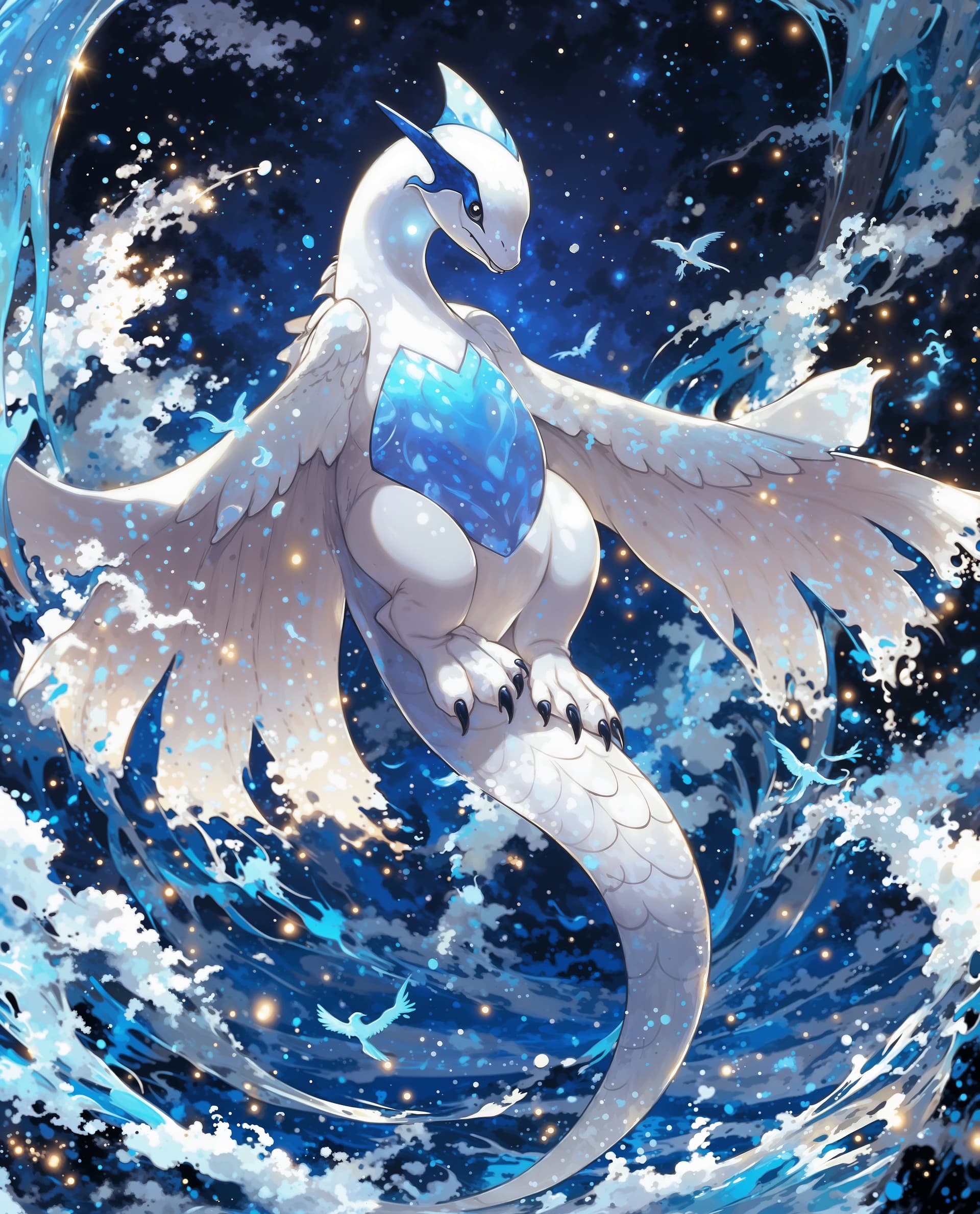 AI generated: A full wide view of a person standing below the mythical Pokémon "Lugia" filled with bioluminescent ...