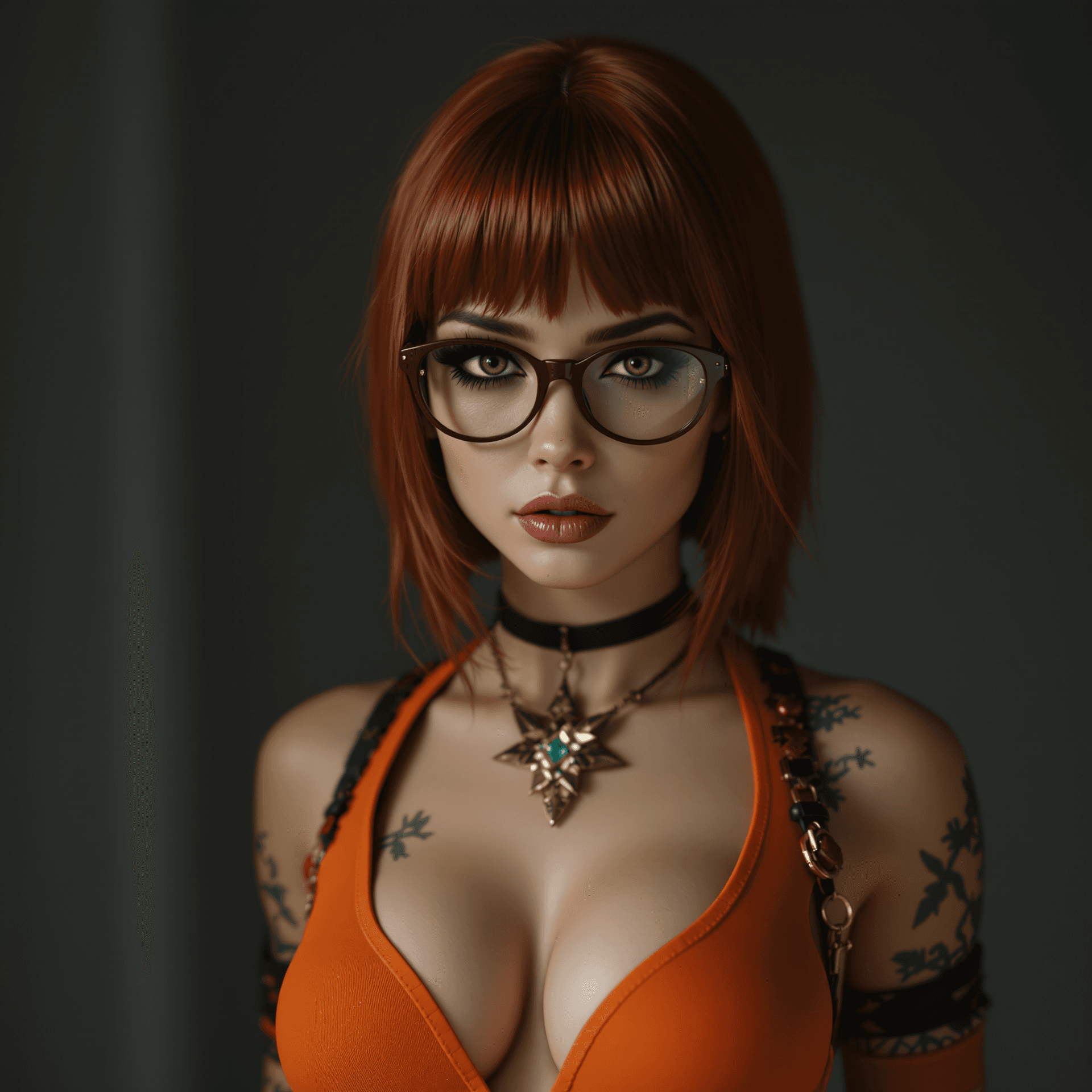AI generated: Photo of a ultra realistic velma from scooby-doo, very sultry look, so hot girl, beautiful charismat...
