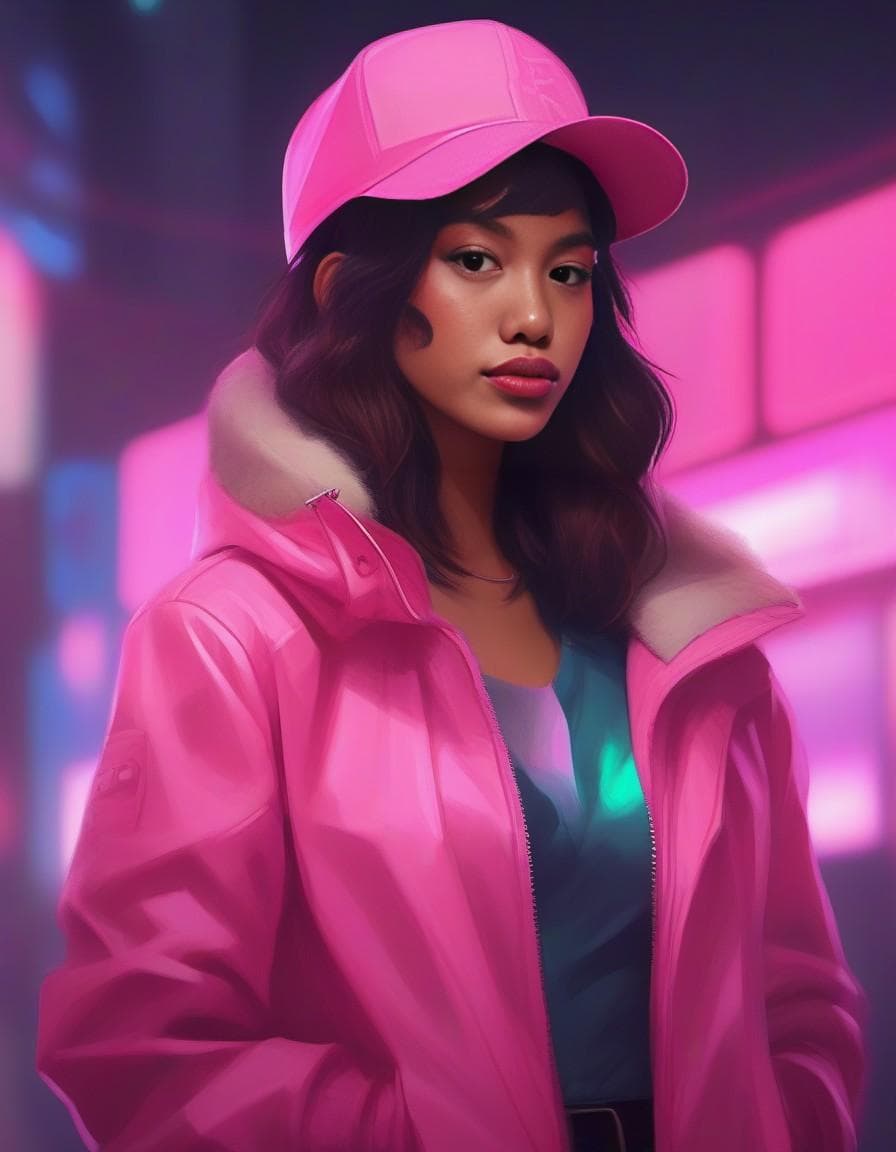 AI generated: a woman wearing a pink hat and a pink jacket, cyberpunk art by Lois van Baarle, trending on Artstati...