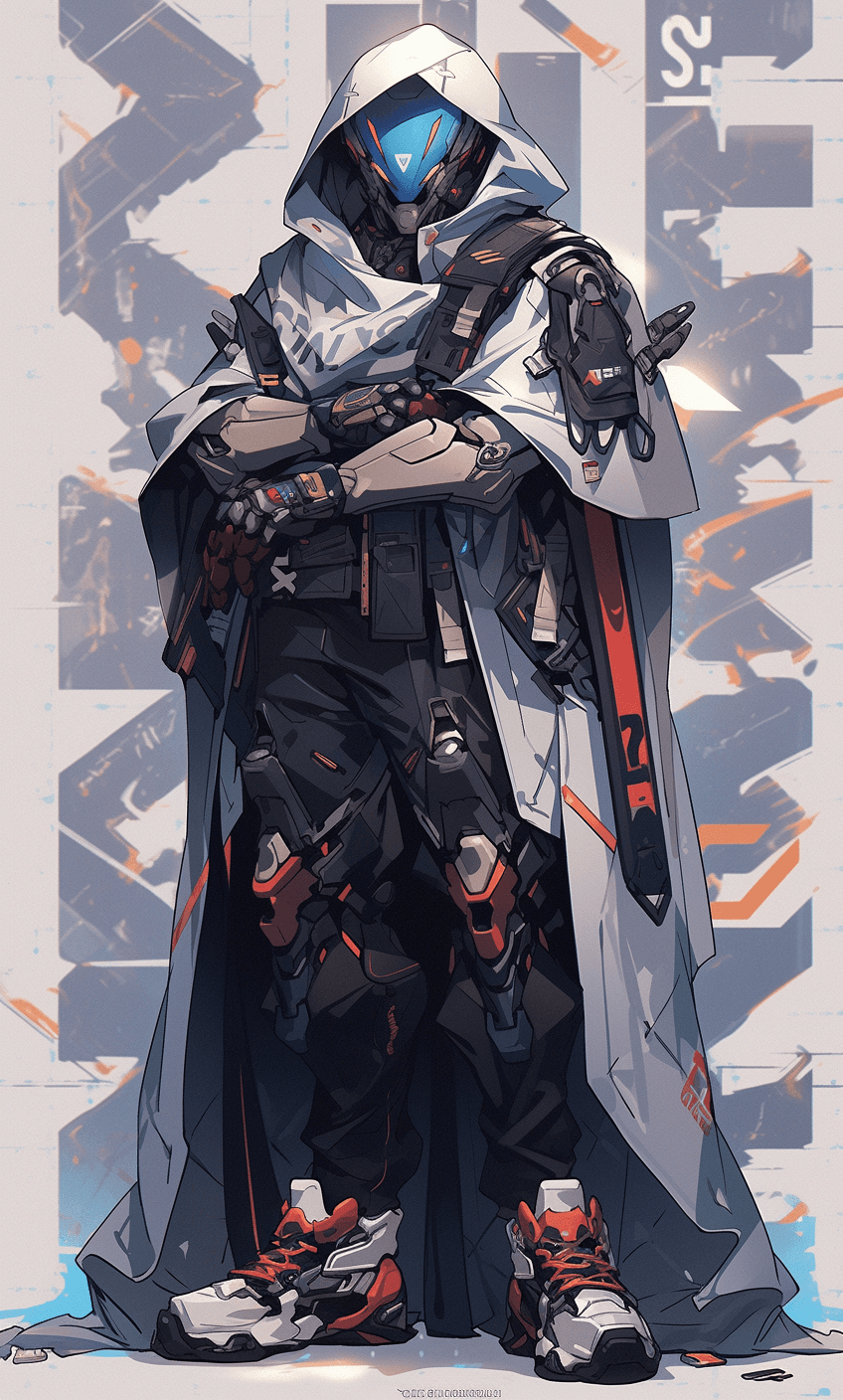 AI generated: a cyber soldier dressed in futurist gear and carrying a cape, in the style of geopunk, pensive poses...