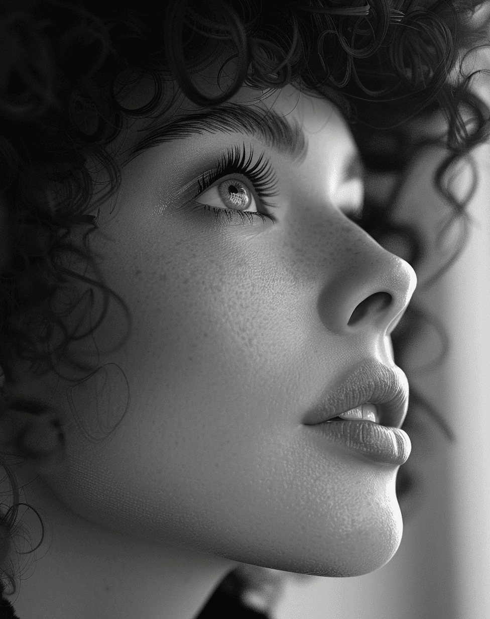 AI generated: portrait of a woman with curly hair, in the style of monochromatic contemplation, daz3d, distinctive...