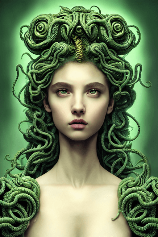 AI generated: mdjrny-v4 style Medusa, greek mythology, young female face, green aesthetic, young female face, gold...