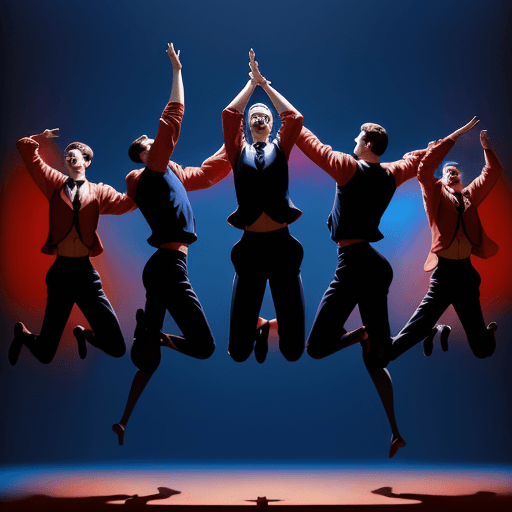 AI generated: John Singer Sargent style photo of 4 guys jumping and dancing with strong red light from right side,...