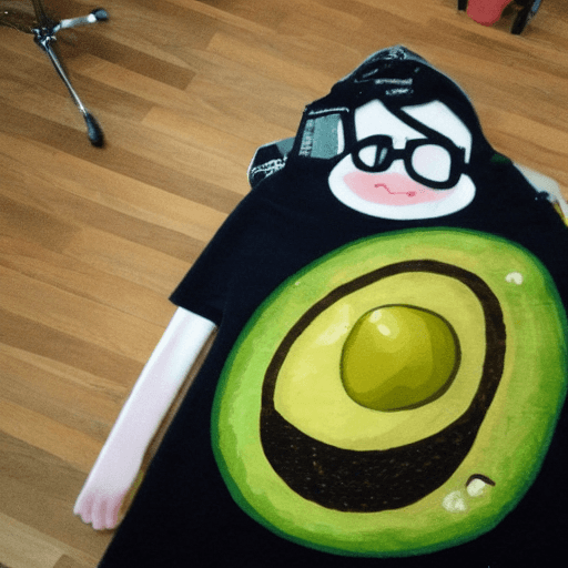 AI generated: Avocado plays on drums. Photo realistically 