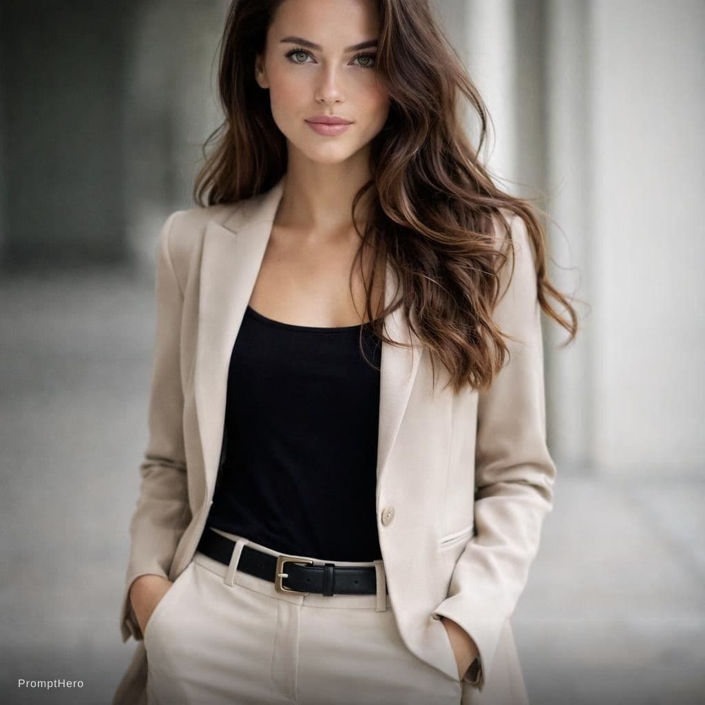 AI generated: create a extreme closeup shot for this model I uploaded her face wearing a smart causal outfit showi...