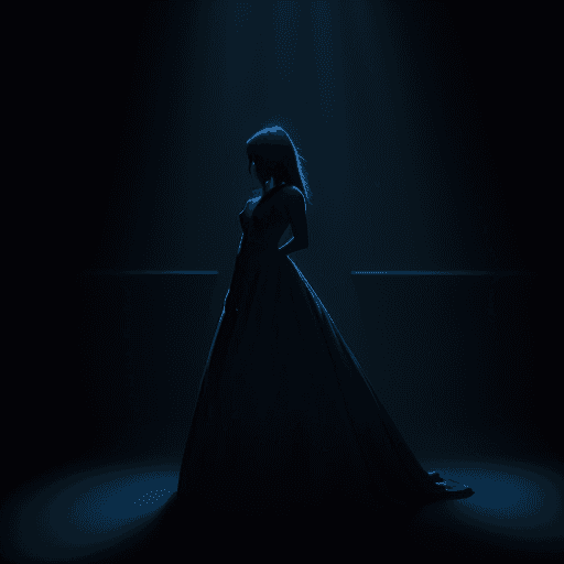 AI generated: artistic photography, dark moody, atmospheric scene where a woman model stands contemplatively, cast...