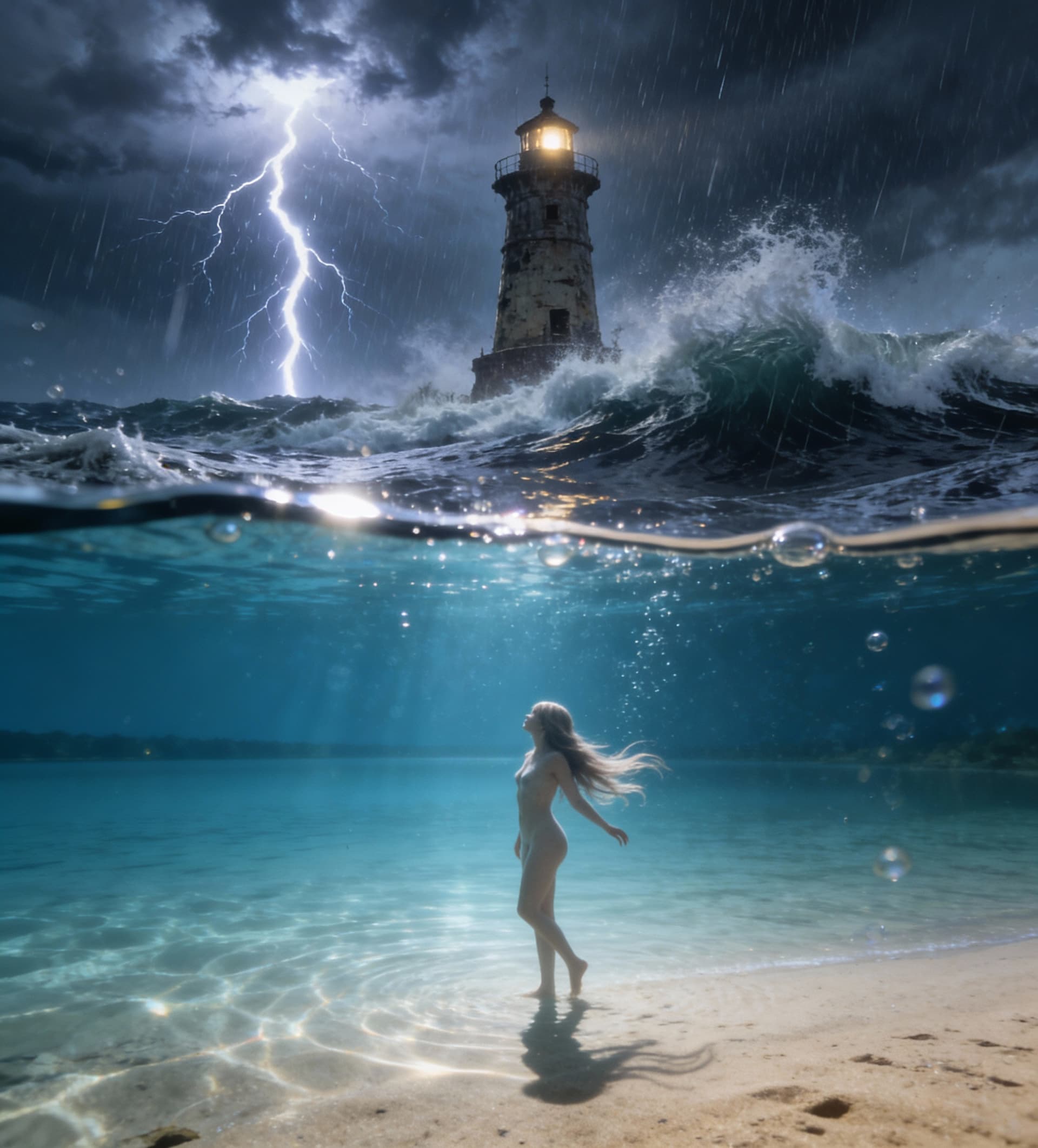 AI generated: A cinematic split-frame composition where the lens is half-submerged underwater.Below the surface,a ...