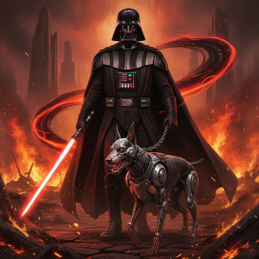AI generated:  close up of darth Vader and his dog walking through a field of fire, marche impériale, hd star wars...