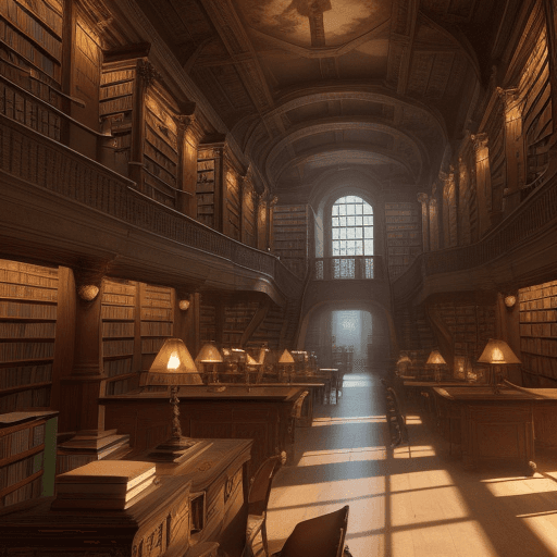 AI generated: library interior, a photorealistic magical ancient library from a distance universe 4k book, :: --ar...