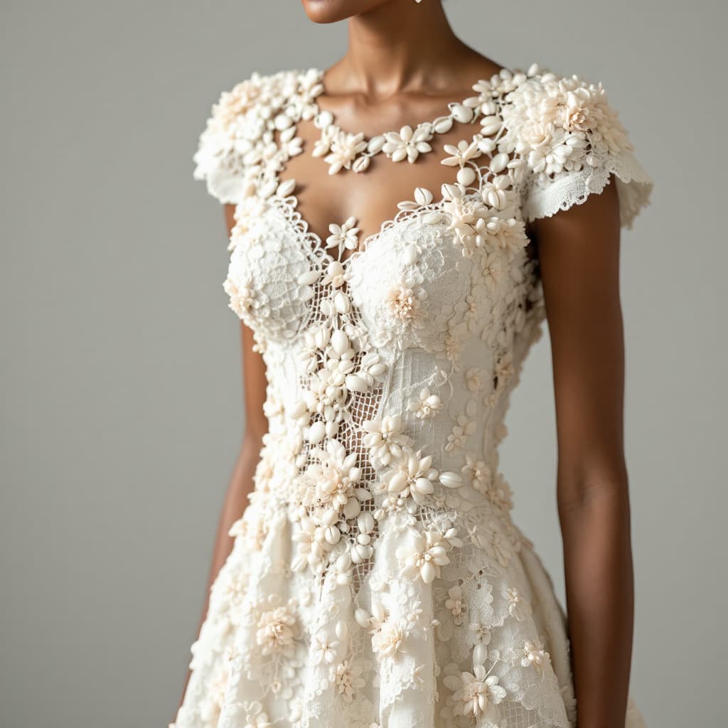 AI generated: "A breathtaking wedding dress made of crochet, featuring a simple yet elegant design adorned with co...