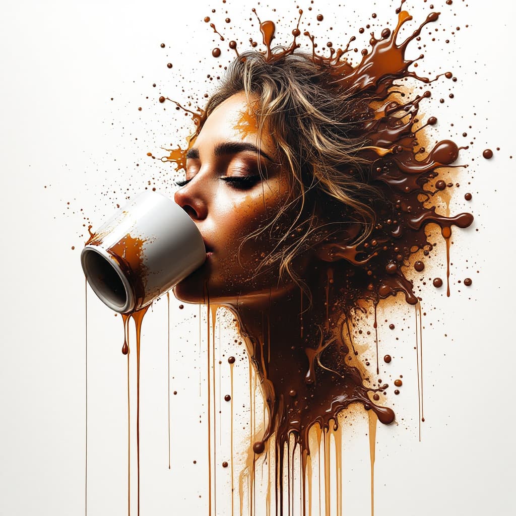 AI generated: Impactful composition, dripping (neon:0.9) (coffee:0.4) (heat splash:0.4) paint across the shape of ...