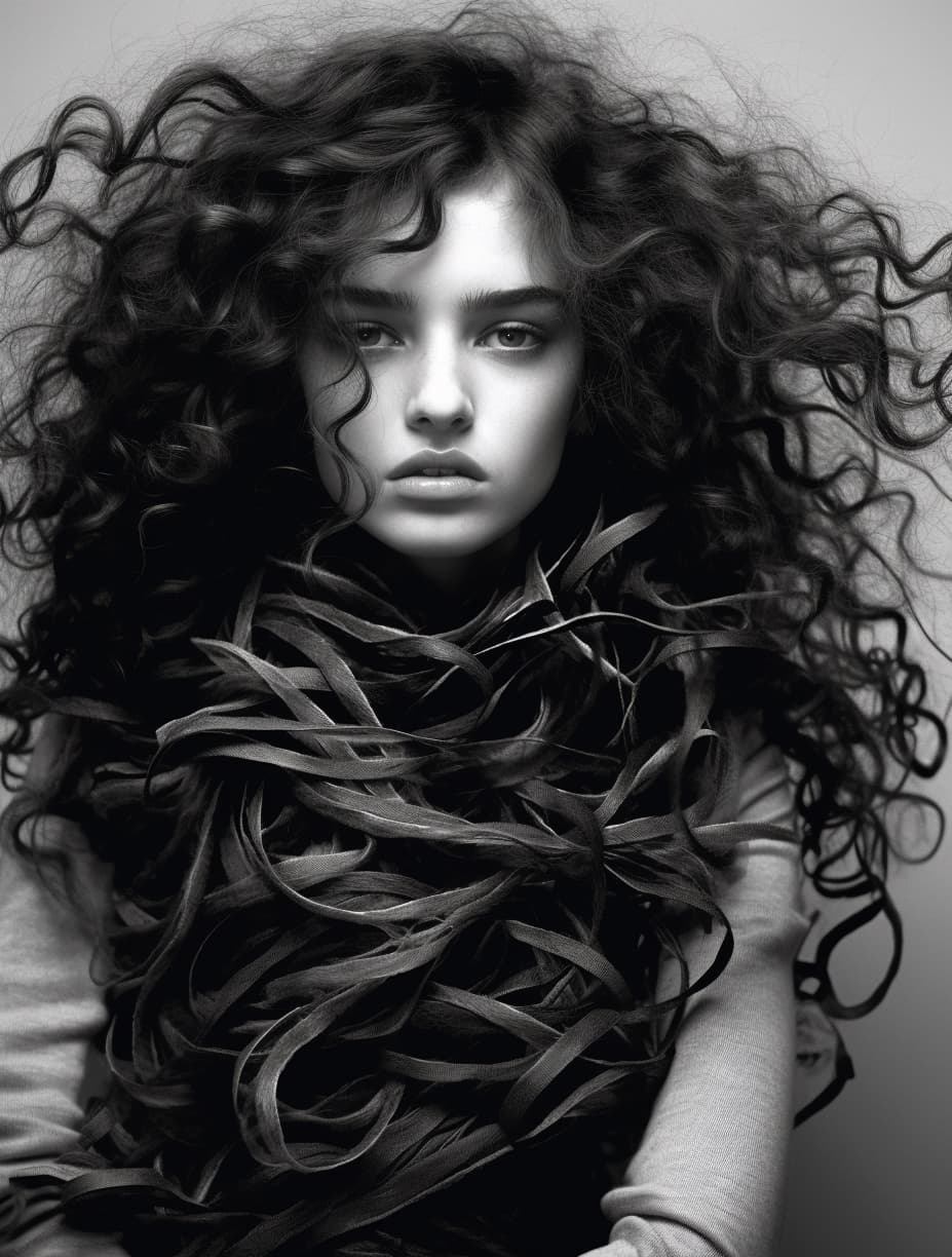 AI generated: a black and white photo of a woman , i-d magazine, hair floating covering chest, she is about 1 6 ye...