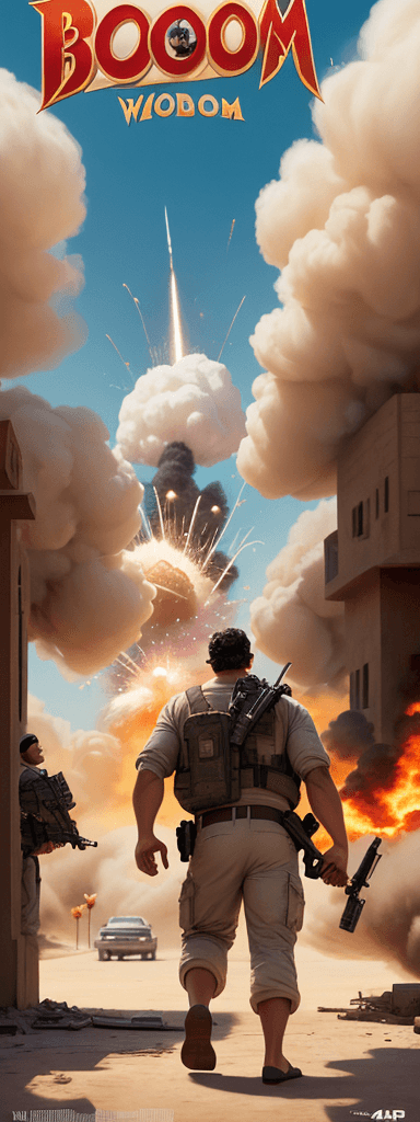 AI generated: A disney movie poster, titled big boom, Arabs holding a bomb near a house, looking back laughing, 4k