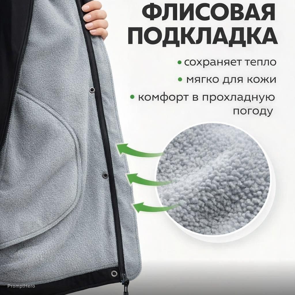 AI generated: high CTR marketplace infographic slide for Ozon, black women softshell jacket with grey fleece linin...