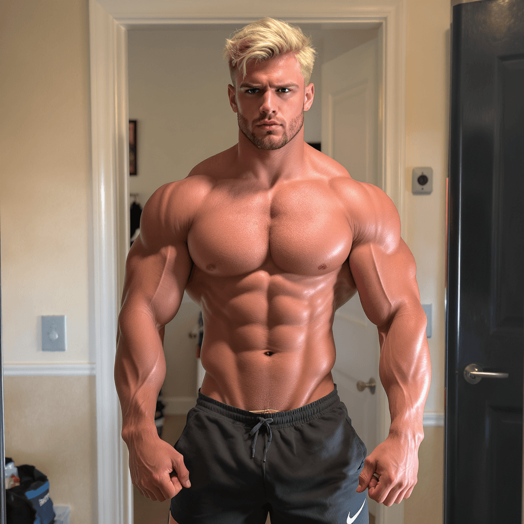 AI generated: Cute male 20-year-old bodybuilder with blonde hair, and with dumb expression, wearing short running ...