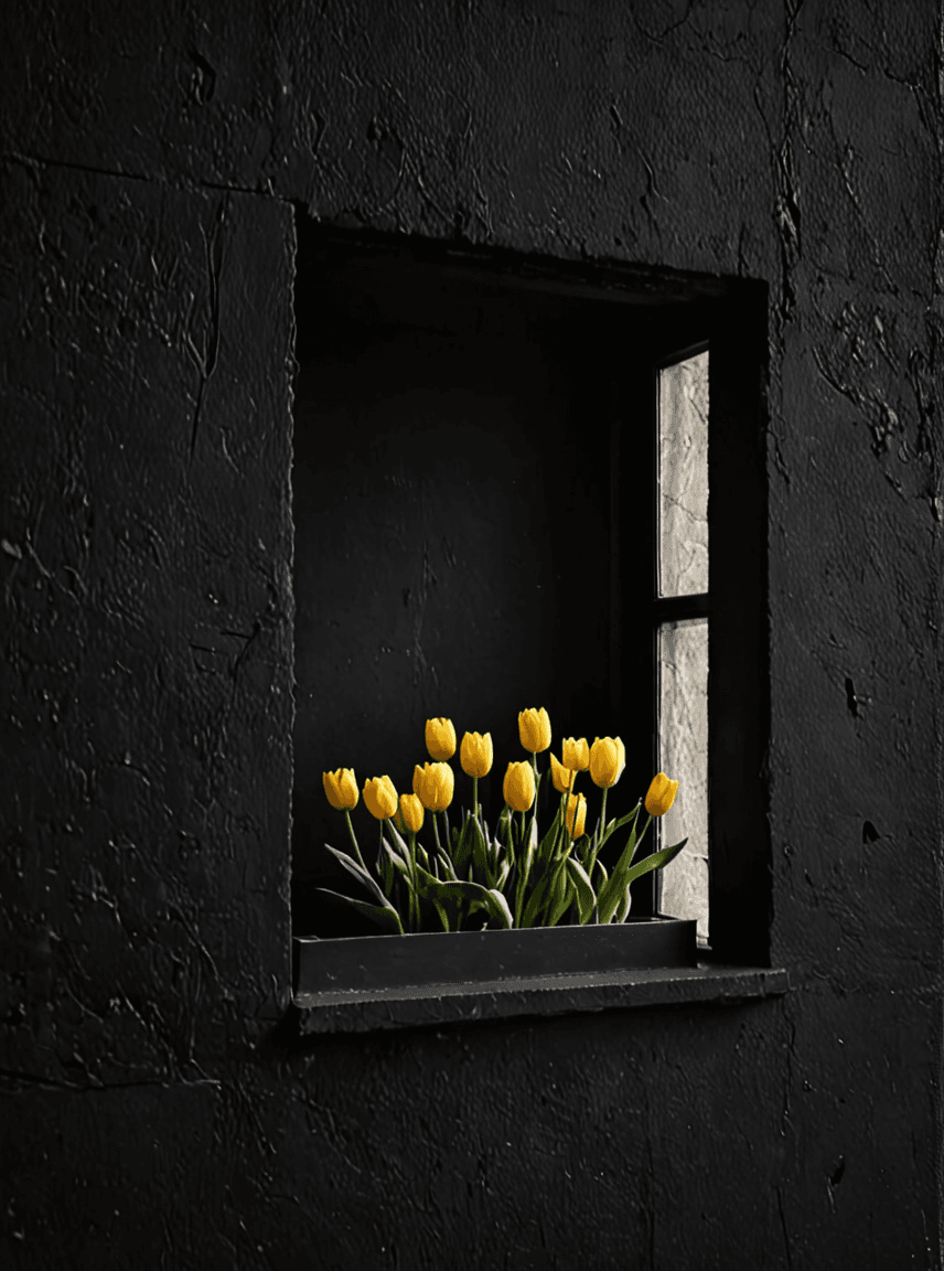 AI generated: yellow tulips in a window box on a black wall