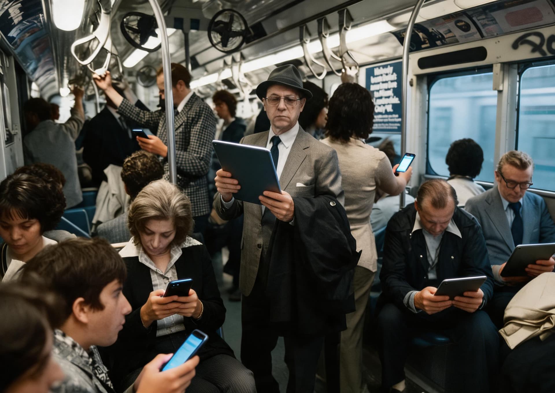 AI generated: Make modern version of this with modern phones and tablets for the people to read on in color