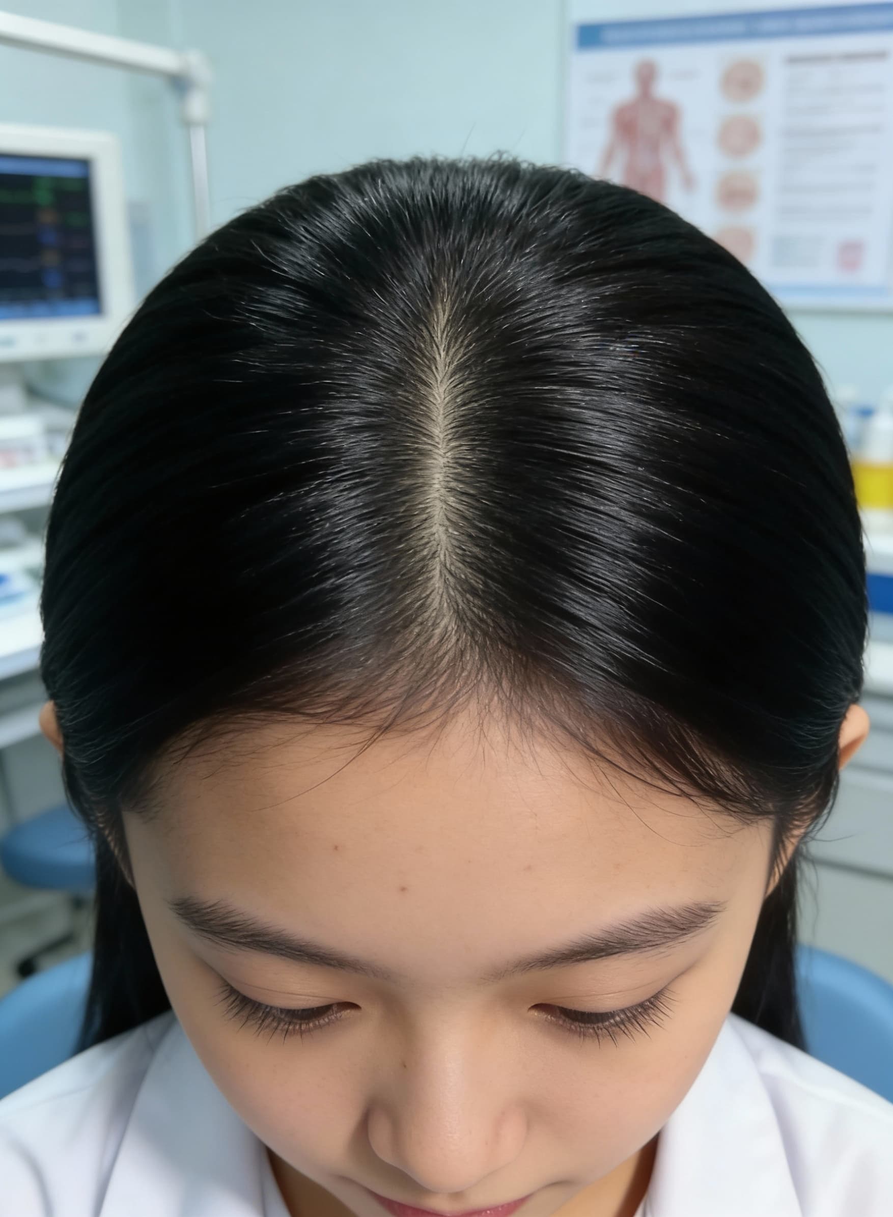AI generated: focus on a black and silk hair of a girl setting in a dermatologist clinic as a picture after the tr...