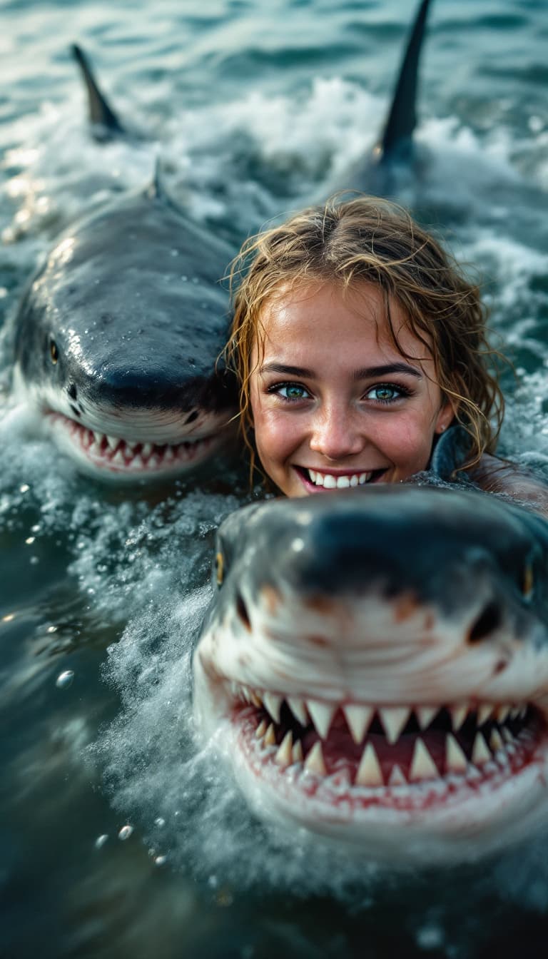 AI generated: The girl takes a selfie, her face expresses a mixture of delight and fear, her eyes are wide open. S...