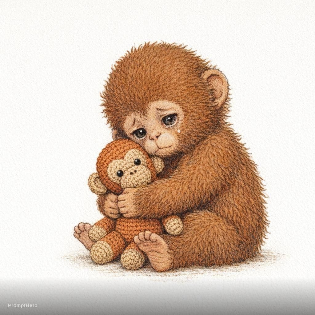 AI generated: vintage children's book illustration, emotional scene, cute baby monkey with fluffy brown fur sittin...