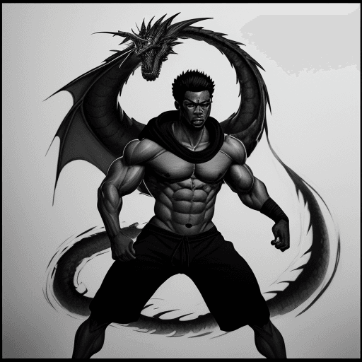 AI generated: in the style of a black and white Japanese ink drawing, a jacked dark-skinned dude wearing a black h...