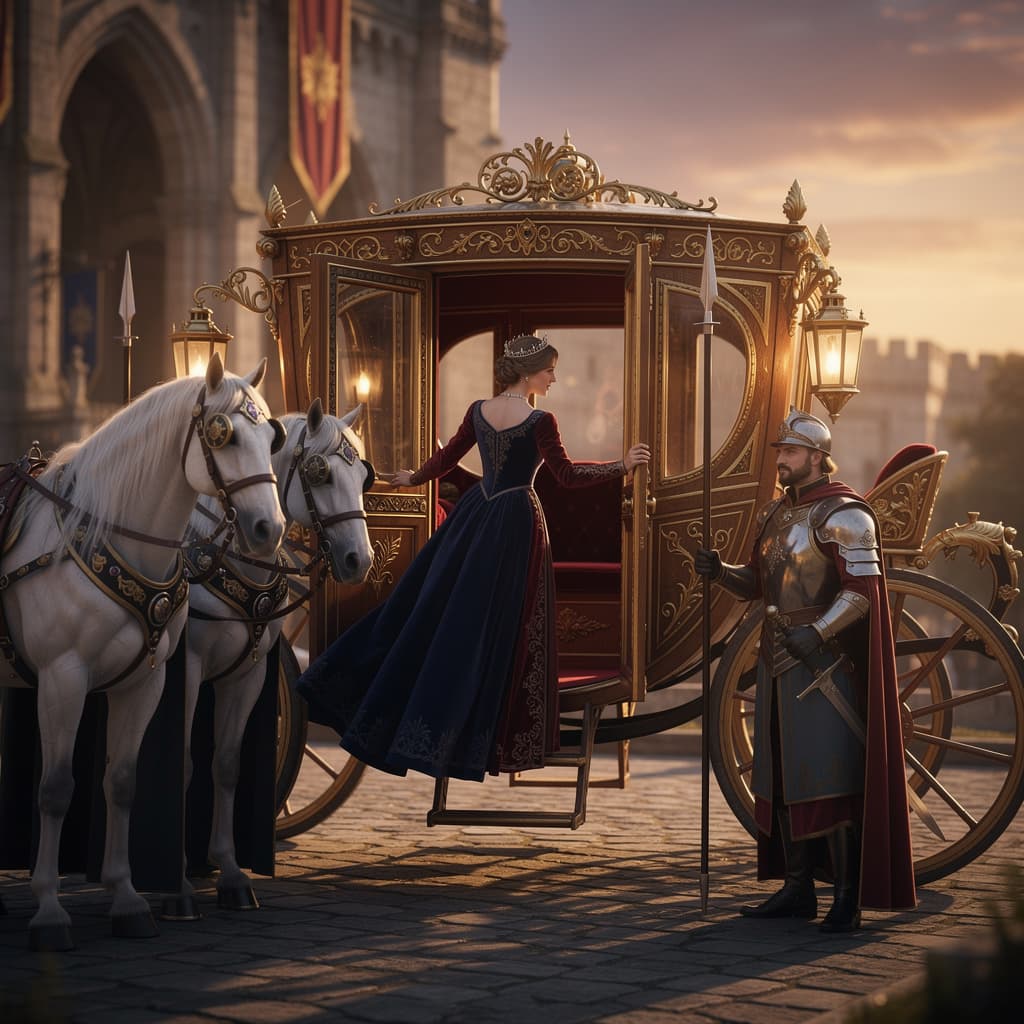 AI generated: Cena de fantasia/épica: uma princesa elegante entrando numa carroça majestosa, protegida por dois gu...