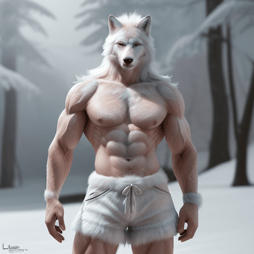 AI generated: anthro (white wolf), male, adult, muscular, veiny muscles, shorts, tail, (realistic fur, detailed fu...