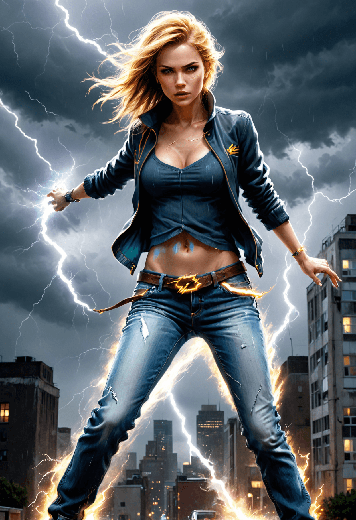 AI generated: As she strides through the rain-soaked streets, the urban fantasy magician's hand is outstretched, c...