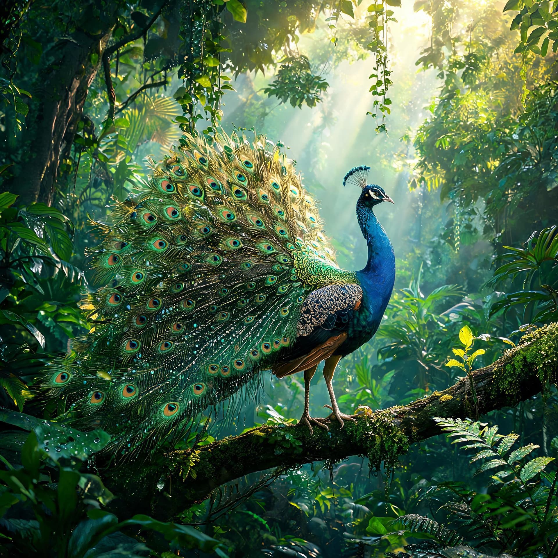 AI generated: A highly detailed, elegant Indian peacock in a rainforest, cinematic lighting, ultra-realistic, dyna...
