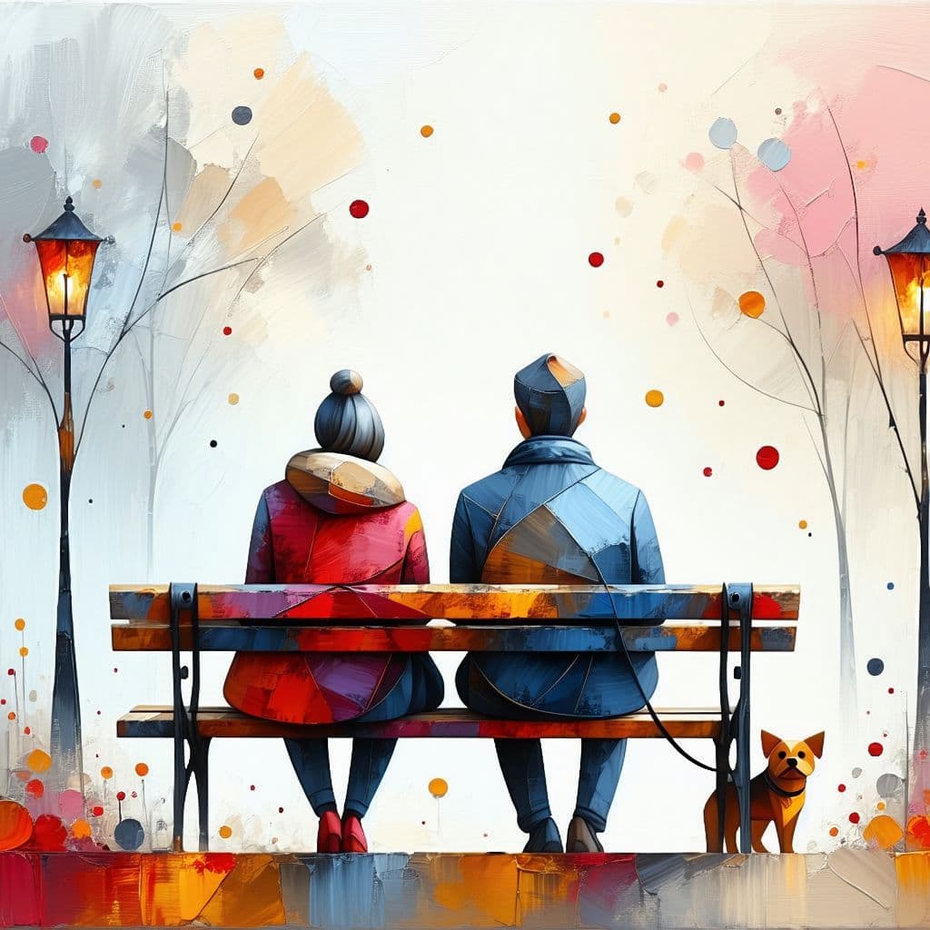 AI generated: a couple sitting on a bench in a park walking their small dog  abstract art