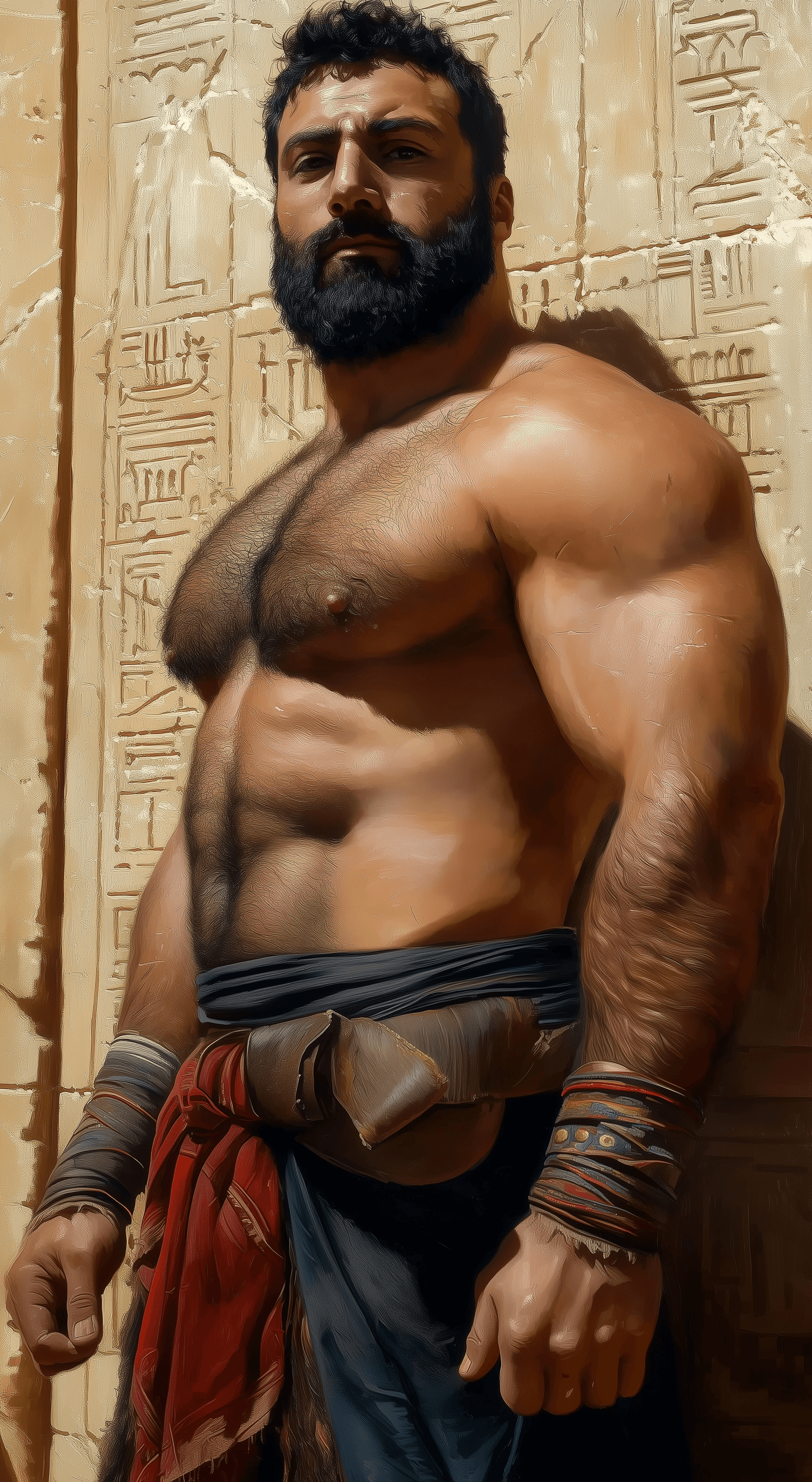 AI generated: Oil painting of Sargon of Akkad reimagined as an ancient Greek stonemason, chiseling the ziggurat in...