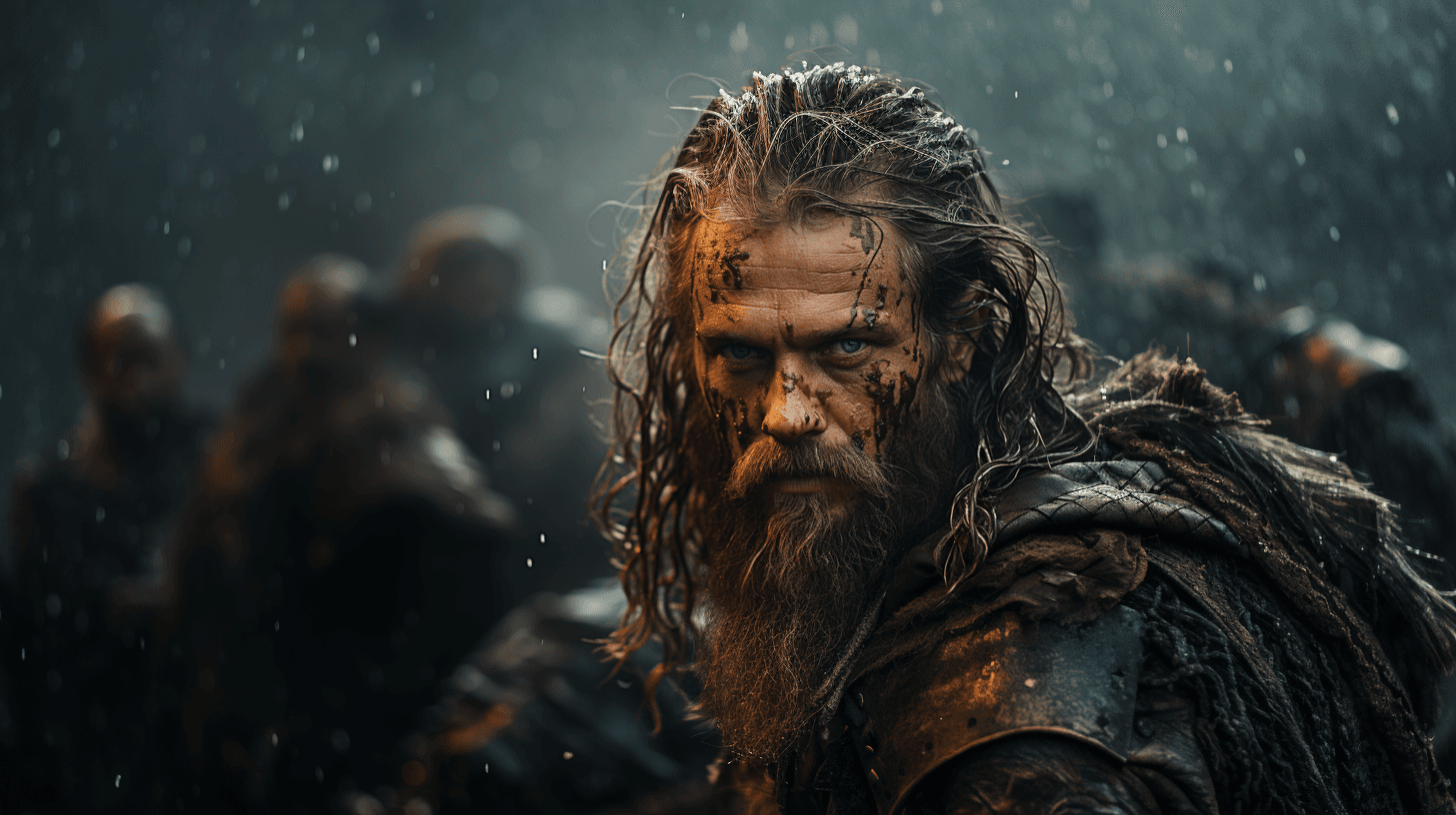 AI generated: Subject: A fierce viking warrior in the midst of battle Setting: A fog-covered, rocky battlefield wi...