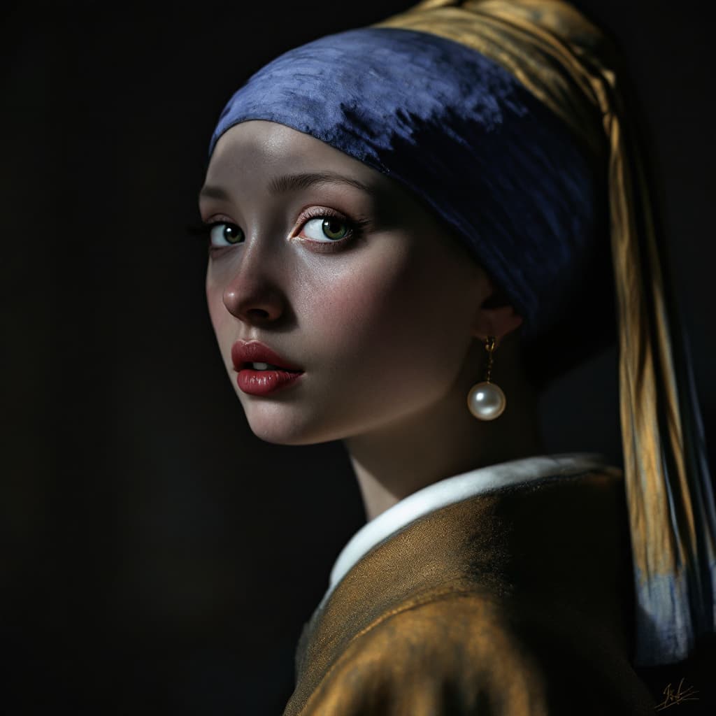 AI generated: Girl with a Pearl Earring, ((beautiful detailed eyes, symmetrical eyes), dramatic lighting, (photore...