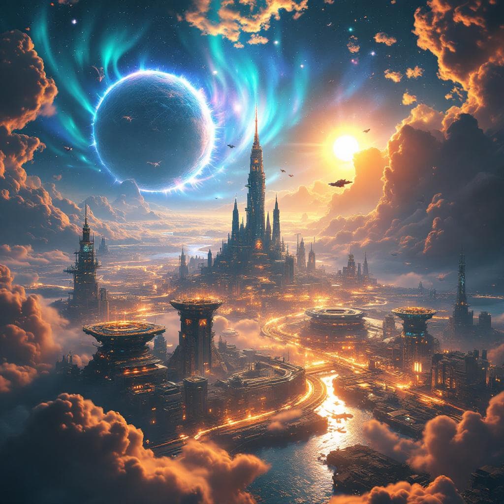 AI generated: Planet Auroraxi, heart of the Genesis Verge. A luminous super-city spread across silver oceans and f...