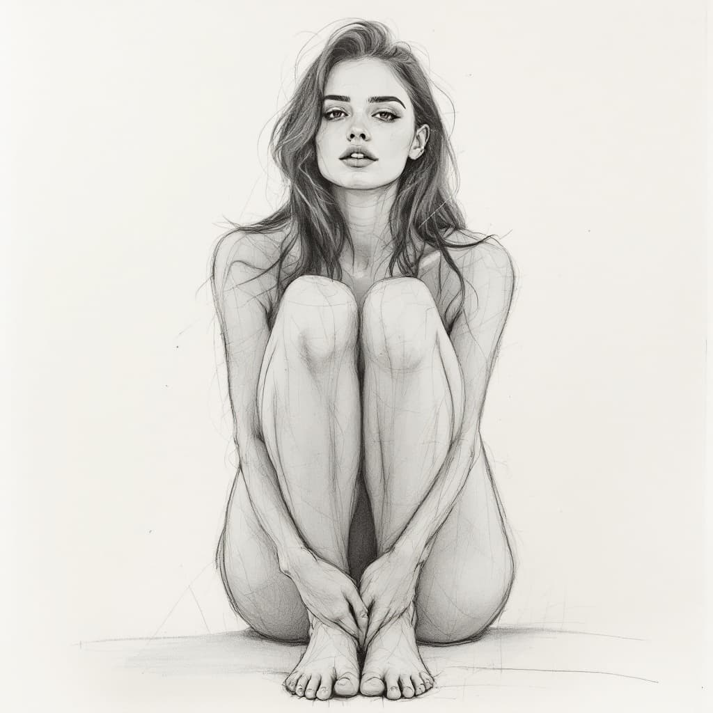 AI generated: A woman sits with her knees apart in front of the viewer, sketch, pencil drawing, smudges