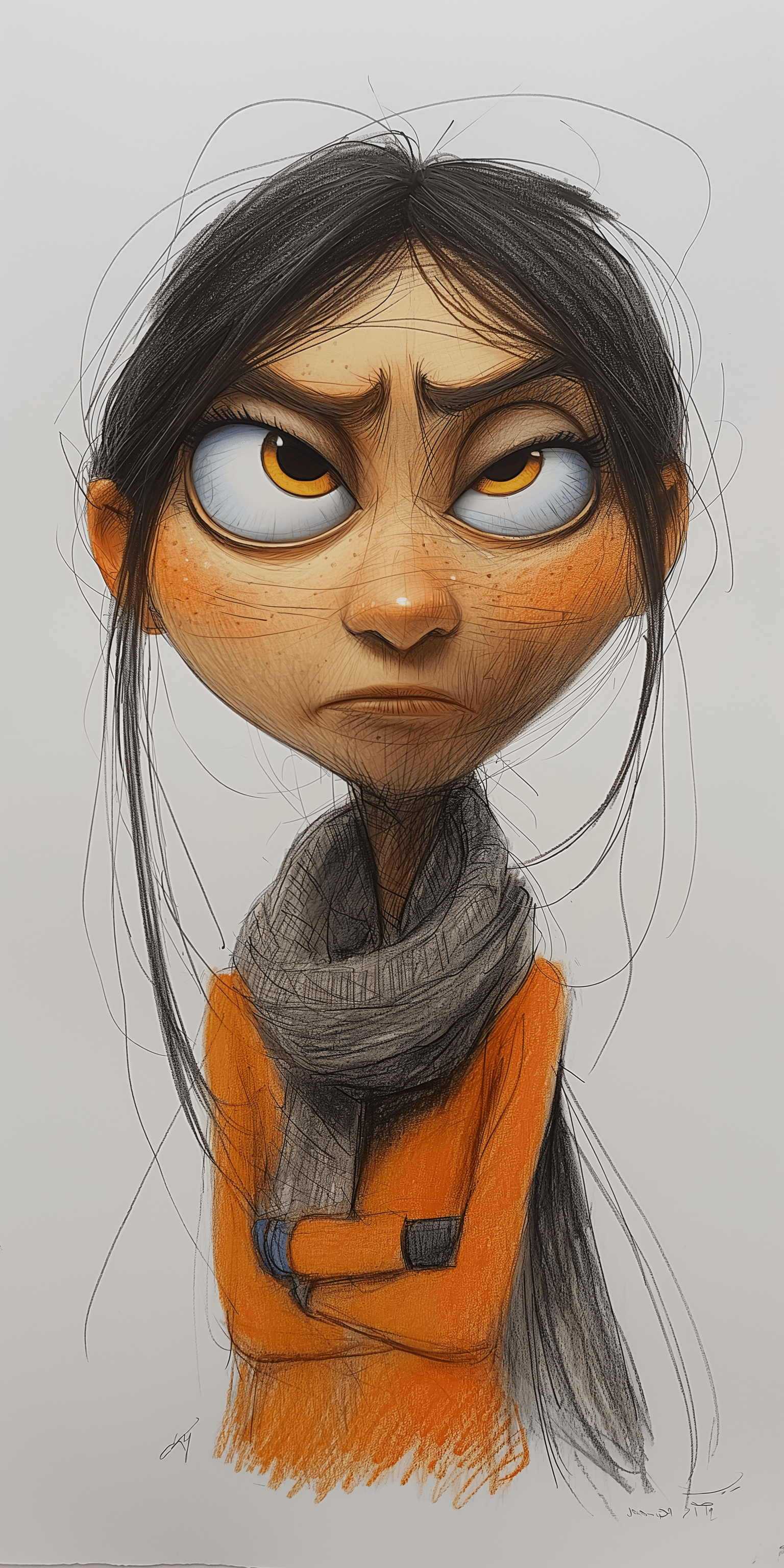 AI generated: Caricatures pencil drawing, cute woman, mid-20's, color pencils, in the style of Pixar, hilariously ...