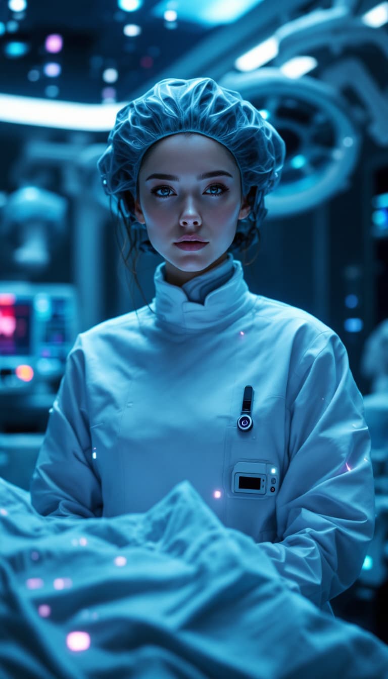 AI generated: Portrait of a futuristic cyberpunk medic, centered, equipped with advanced medical tech, in a steril...