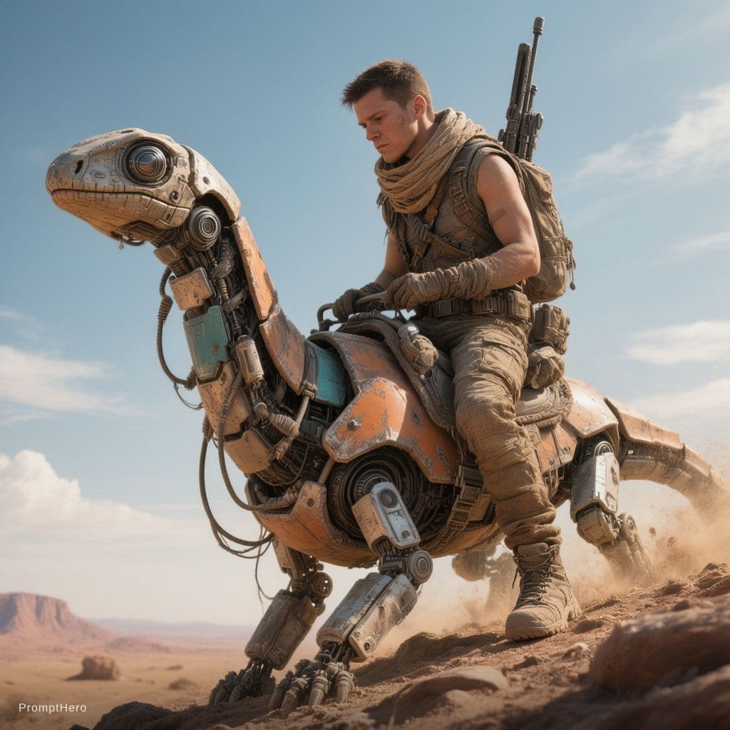 AI generated: A lone desert scout riding a robotic reptile-like pack mount up a rocky slope under a wide open sky,...