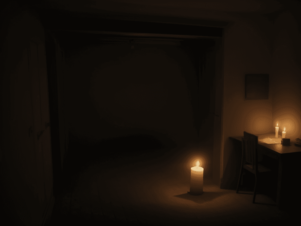 AI generated: A claustrophobic student room with only one candle glowing, showing a sense of melancholy and silenc...