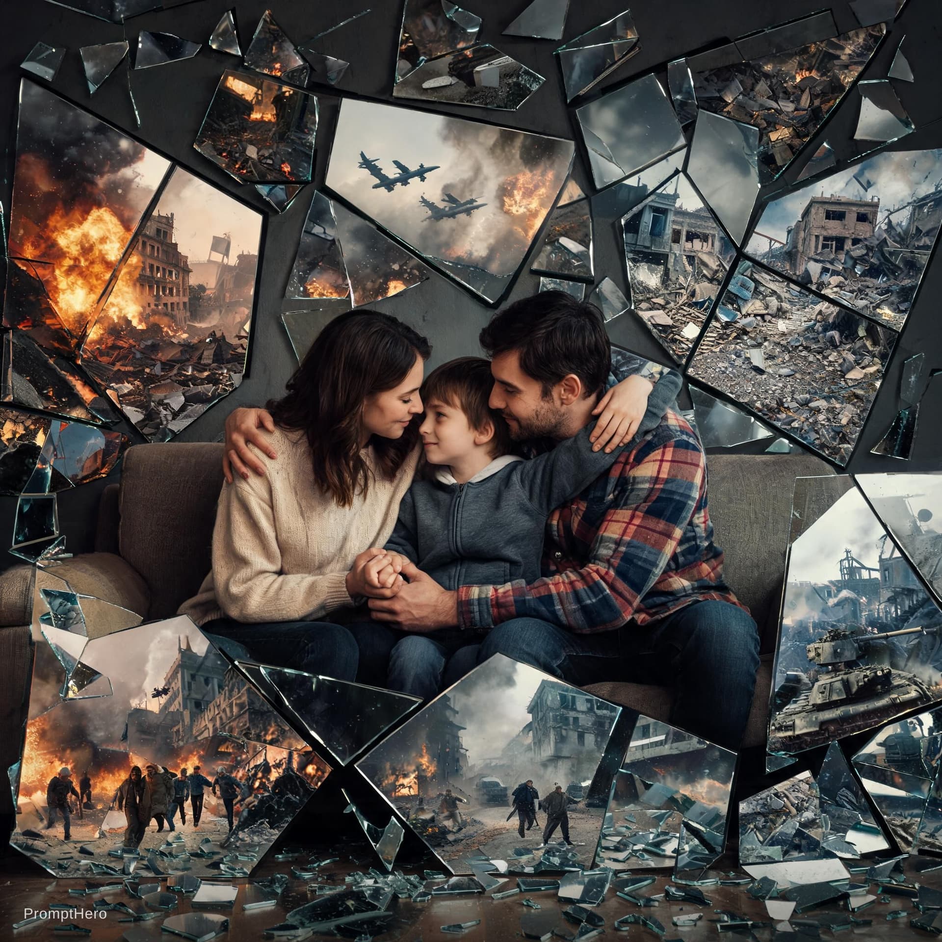 AI generated: A family—mom, dad, and their young son—sit together in a room filled with shattered mirrors, their f...