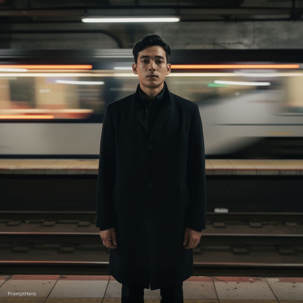 AI generated: depict a man in a dark coat standing still at a subway platform as a blur of a fast-moving train rus...