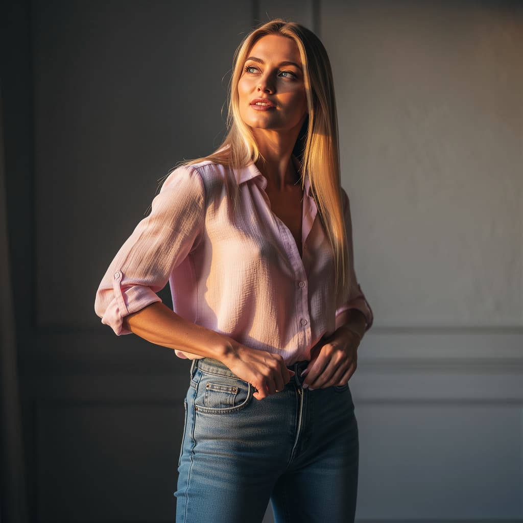 AI generated: A fit adult woman stands confidently in a dimly lit room, her long blonde hair cascading down to fra...
