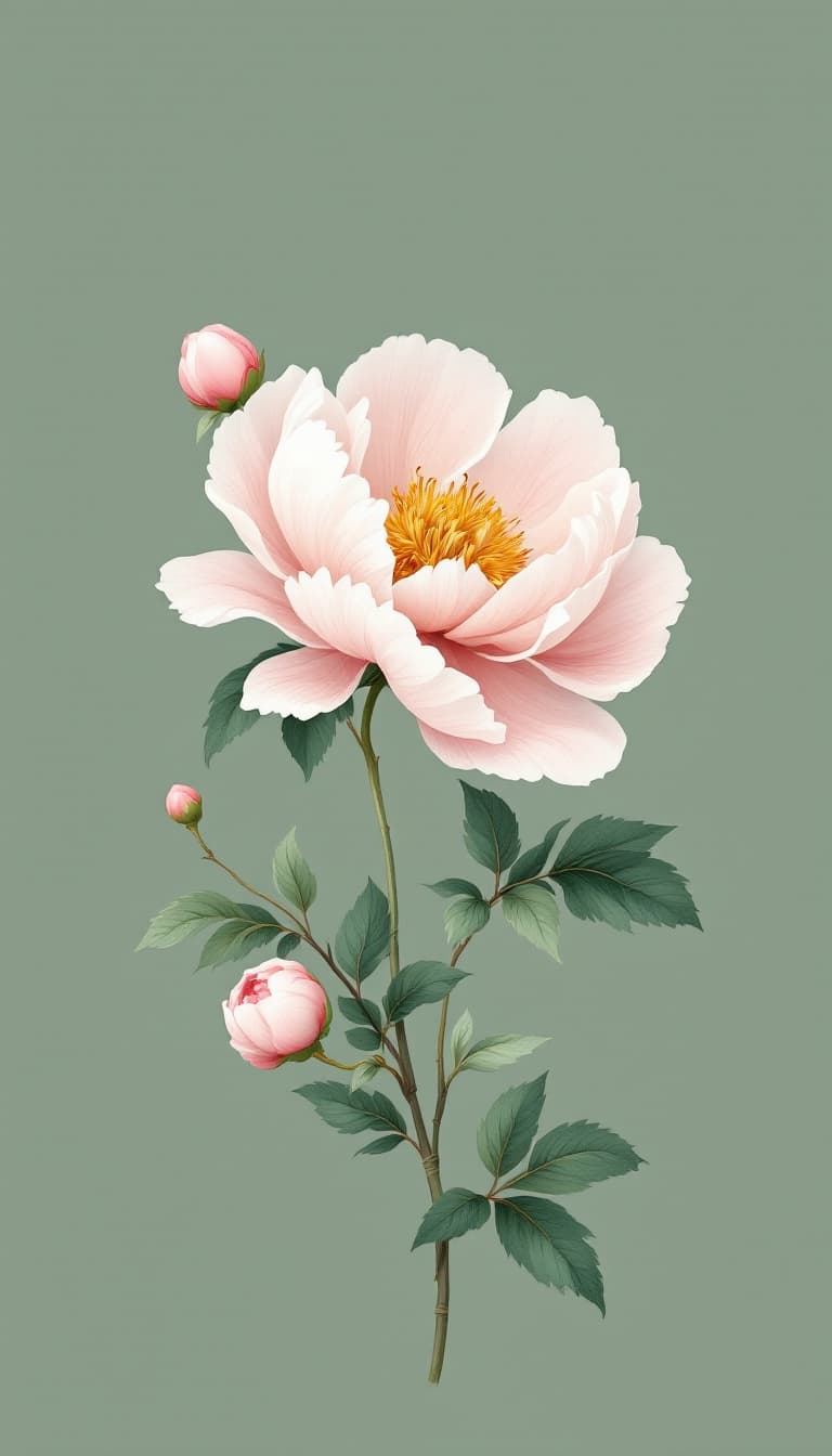 AI generated: Delicate illustration of a blooming pink peony with a pale yellow center surrounded by lush green le...