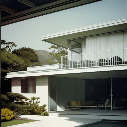 AI generated: Hyper realistic eye level exterior photo of a mid century modern style house overlooking the ocean, ...